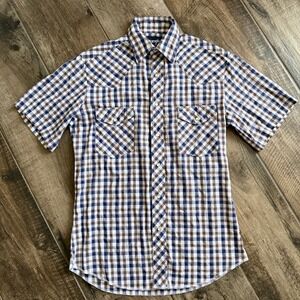 Wrangler Mens VTG Western Check Pearl Snap Single Stitch SS Shirt, Brown Blue, S